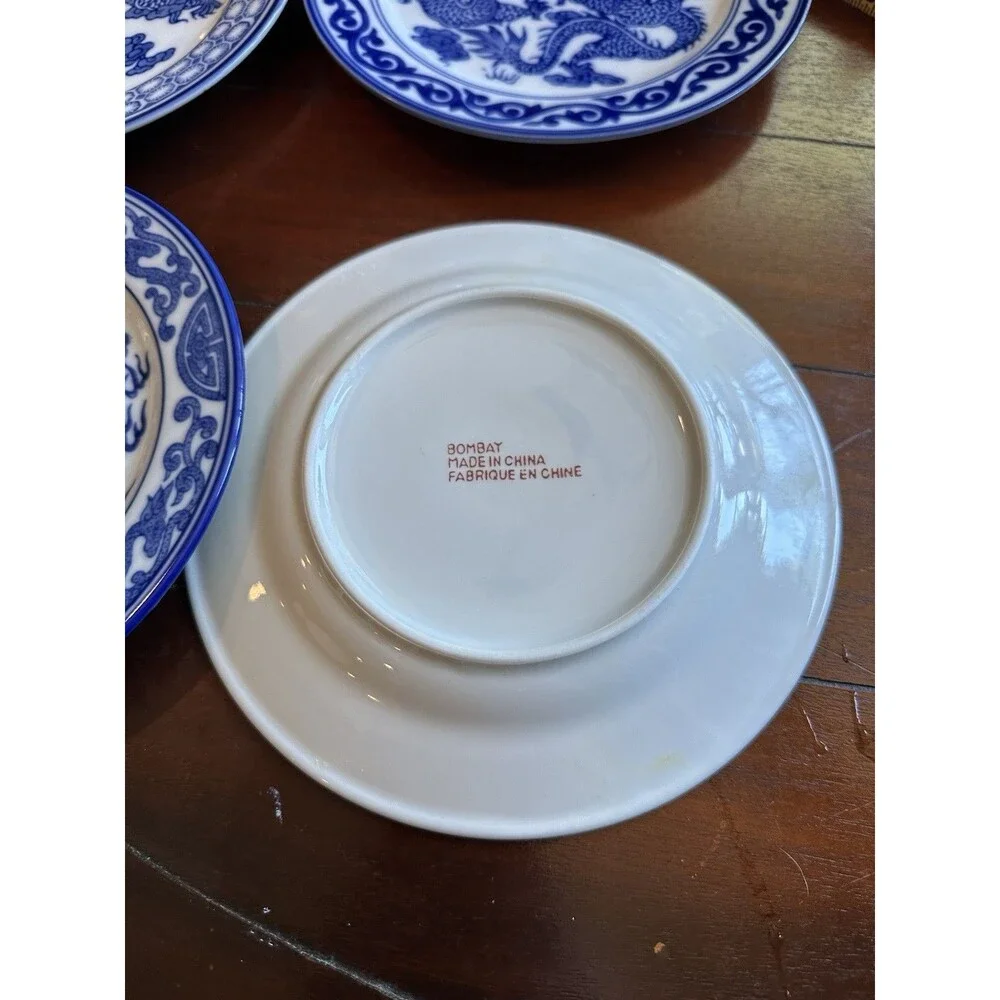 Blue & White China Dragon Motif Plates Bombay Asian Garden Pattern Set Of 4